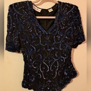 Laurence Kazar size Petite S blue and black sequin top